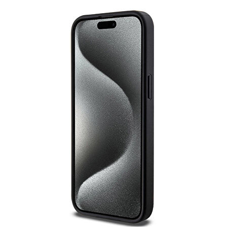 iPhone 15 Pro Max Uyumlu Kılıf Guess Magsafe Şarj Özellikli PU Deri Desenli Metal Plaka Logolu Siyah