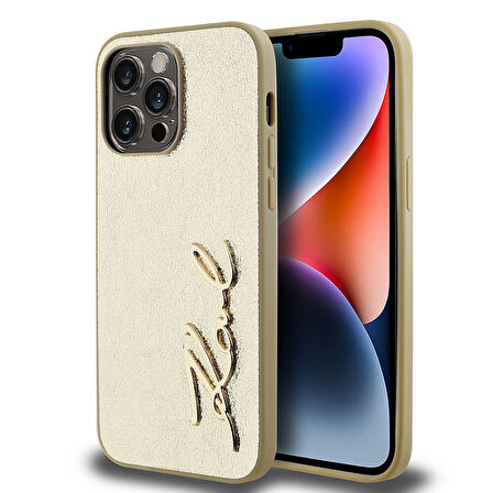 iPhone 14 Pro Max Kılıf Karl Lagerfeld Lisanslı 3D KL Yazılı Tüylü Yüzey Saffiano Rhinestones Gold