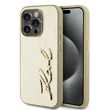 iPhone 15 Pro Kılıf Karl Lagerfeld Lisanslı 3D KL Yazılı Tüylü Arka Yüzey Saffiano Rhinestones Gold