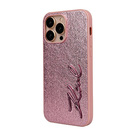 iPhone 14 Pro Max Kılıf Karl Lagerfeld Orjinal Lisanslı 3D KL Yazılı Saffiano Rhinestones Pembe