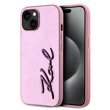 iPhone 15 Kılıf Karl Lagerfeld Lisanslı 3D KL Yazılı Tüylü Arka Yüzey Saffiano Rhinestones Pembe