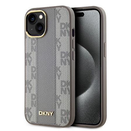 Apple iPhone 15 Uyumlu Kılıf DKNY Orjinal Lisanslı MagSafe Şarj Özellikli 3D Yazılı Checkered Pattern Kapak