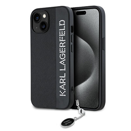 iPhone 14 Kılıf Karl Lagerfeld Lisanslı Anahtarlıklı Taşlı KL Yazılı Saffiano Rhinestones Siyah