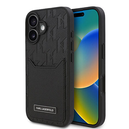 iPhone 16 Uyumlu Kılıf Karl Lagerfeld Orjinal Lisanslı Kartlıklı Cardslot Monogram Kapak Siyah
