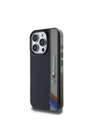 iPhone 16 Pro Uyumlu Kılıf BMW Lisanslı M Logolu Üç Renk Çizgili Motorsport Vertical Stripe Siyah