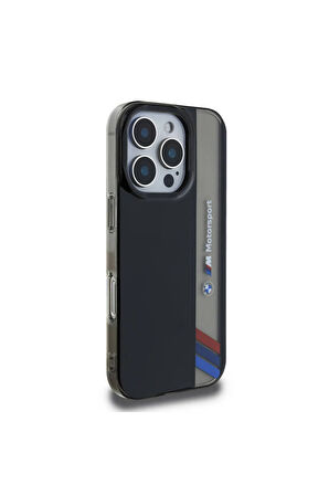 iPhone 16 Pro Uyumlu Kılıf BMW Lisanslı M Logolu Üç Renk Çizgili Motorsport Vertical Stripe Siyah