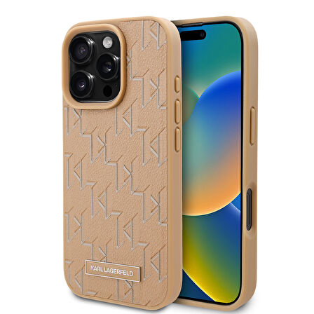 iPhone 16 Pro Max Kılıf Karl Lagerfeld Orjinal Lisanslı Magsafe Özellikli KL Yazılı Hot Stamp Krem