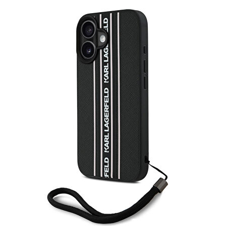 iPhone 16 Kılıf Karl Lagerfeld Orjinal Lisanslı Askılı Saffiano Athleisure Şerit Çizgi Siyah - Pembe