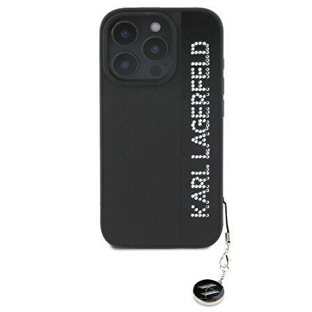 iPhone 16 Pro Kılıf Karl Lagerfeld Lisanslı Anahtarlıklı Taşlı KL Yazılı Saffiano Rhinestones Siyah
