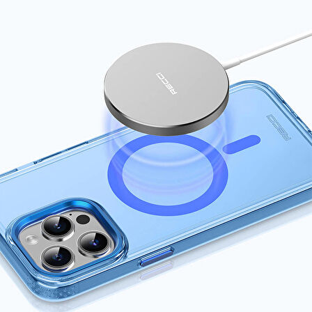 iPhone 15 Pro Uyumlu Kılıf Magsafe Özellikli Saydam Yüzey Recci Crystal Color Serisi Kapak Mavi