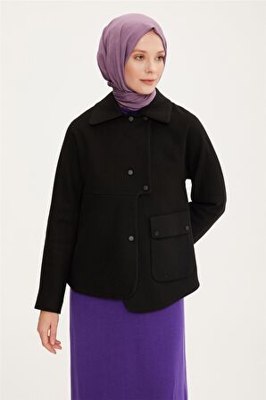 Armine Önü Çıtçıtlı ve Cepli Asimetrik Ceket 22K5004 Siyah
