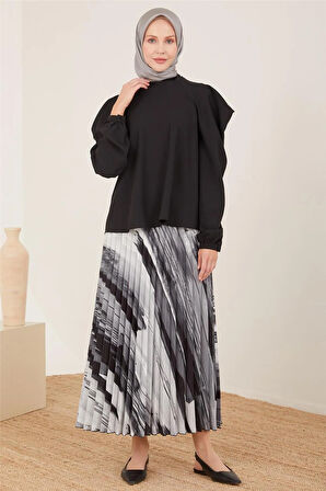 Omuz Drapeli Saten Bluz-Siyah | 44