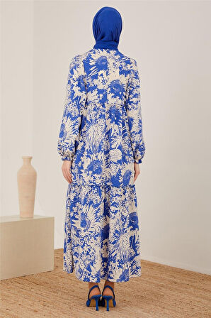 Kadın Üç Katlı Desenli Elbise - Kobalt Mavi | 40