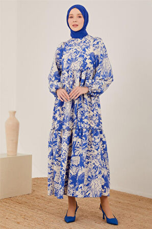 Kadın Üç Katlı Desenli Elbise - Kobalt Mavi | 40