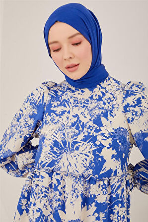 Kadın Üç Katlı Desenli Elbise - Kobalt Mavi | 40