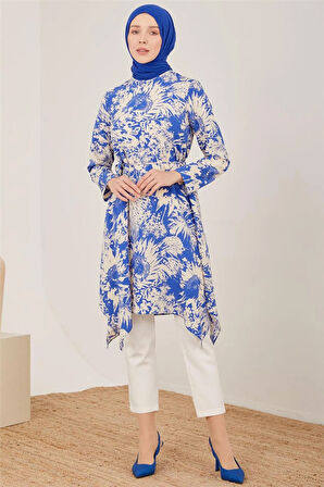 Desenli Belden Bağlamalı Tunik-Mavi | 40