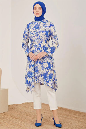 Desenli Belden Bağlamalı Tunik-Mavi | 42
