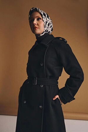 Armine Seyyar Apoletli Tam Kruvaze Manto 23K8613 Siyah