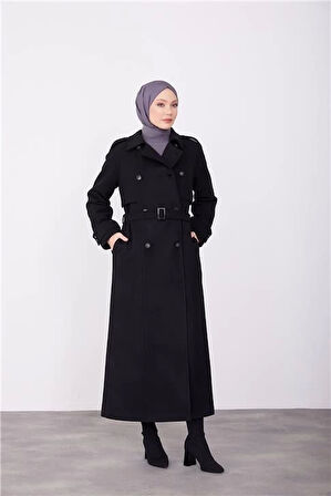 Armine Seyyar Apoletli Tam Kruvaze Manto 23K8613 Siyah