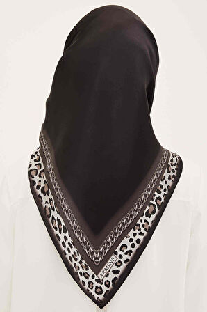 Armine Nostalji Düz Siyah Leopar Zincir Desenli Tivil İpek Eşarp-E23YA8912D04-55-KVS0533