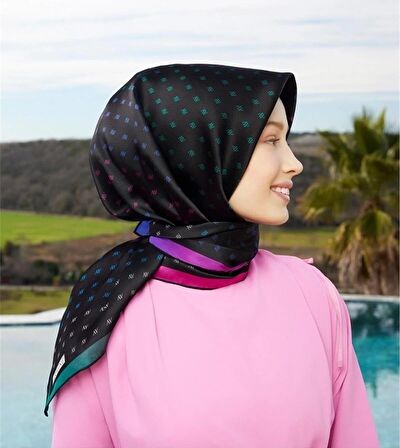 Armine Sura İpek Eşarp Siyah, Fuşya, Yeşil 8936-S03