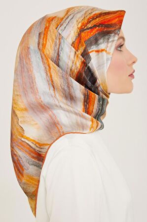 Armine Gri-Turuncu Batik Desen Tivil İpek Eşarp 9102-02