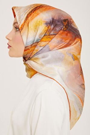 Armine Gri-Turuncu Batik Desen Tivil İpek Eşarp 9102-02
