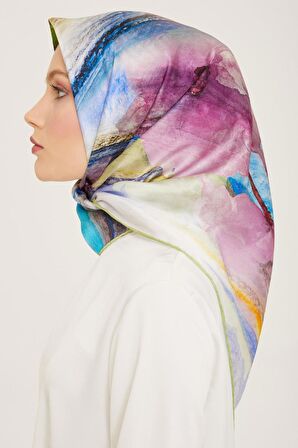 Armine Mavi-Mor Batik Desen Tivil İpek Eşarp 9102-33