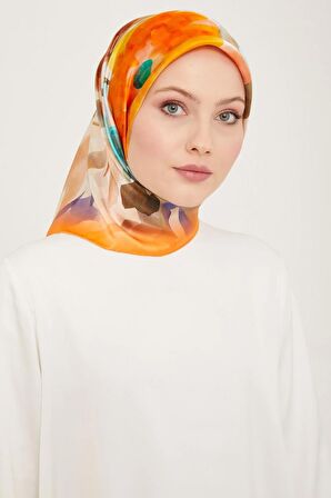 Armine Turuncu Batik Çiçek Desenli Tivil İpek Eşarp 9103-80