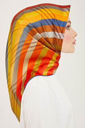 Armine Kahverengi-Kırmızı Çizgi Desen Tivil İpek Eşarp 9107-53