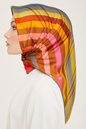 Armine Kahverengi-Kırmızı Çizgi Desen Tivil İpek Eşarp 9107-53