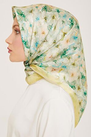 Armine Soft Yeşil Çiçek Desen Tivil İpek Eşarp 9108-02
