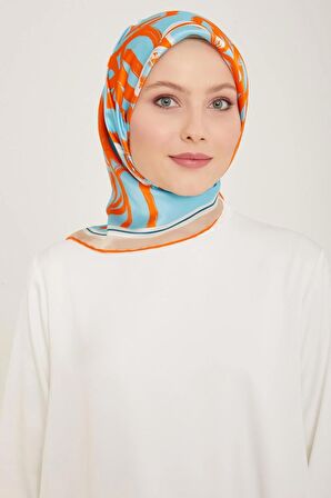 Armine Turuncu-Beyaz Çiçek Desen Sura İpek Eşarp 9123-37