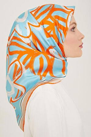 Armine Turuncu-Beyaz Çiçek Desen Sura İpek Eşarp 9123-37