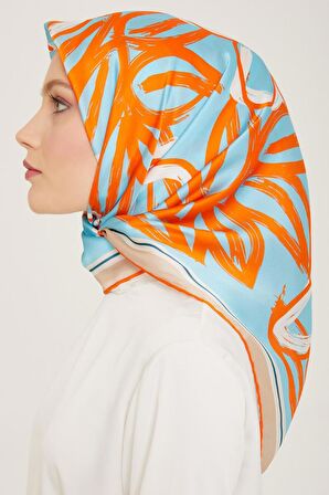 Armine Turuncu-Beyaz Çiçek Desen Sura İpek Eşarp 9123-37