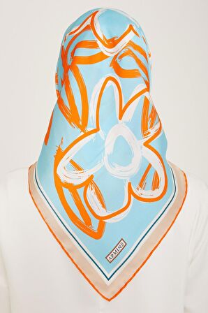 Armine Turuncu-Beyaz Çiçek Desen Sura İpek Eşarp 9123-37