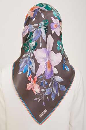 Armine Nar Çiçeği-Antrasit Gri Çiçek Desen Sura İpek Eşarp 9127-51