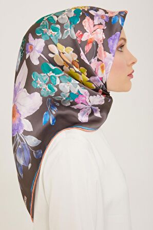 Armine Nar Çiçeği-Antrasit Gri Çiçek Desen Tivil İpek Eşarp 9127-51