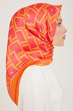 Armine Pembe-Turuncu Geometrik Desen Sura İpek Eşarp 9132-85