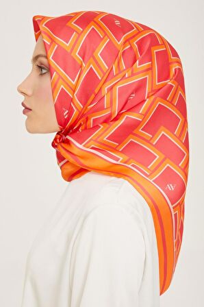 Armine Pembe-Turuncu Geometrik Desen Sura İpek Eşarp 9132-85