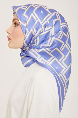 Armine Havaci Mavi-Beyaz Geometrik Desen Tivil İpek Eşarp 9132-80