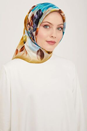 Armine Gold-Mavi Çiçek Desen Tivil İpek Eşarp 9133-02