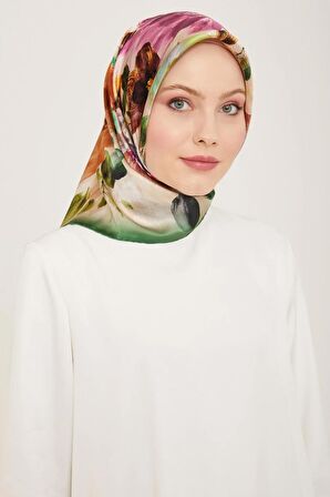 Armine Yeşil-Kahverengi Çiçek Desen Tivil İpek Eşarp 9133-03