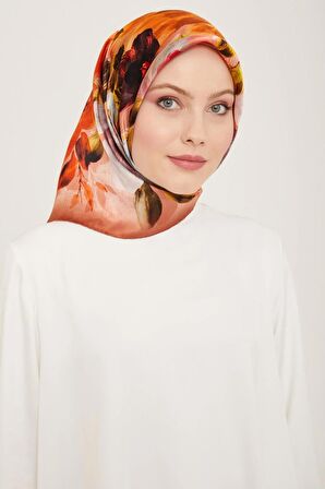 Armine Kahverengi-Turuncu Çiçek Desen Tivil İpek Eşarp 9133-50