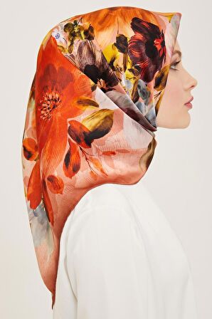 Armine Kahverengi-Turuncu Çiçek Desen Tivil İpek Eşarp 9133-50