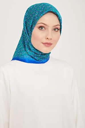 Armine Saks Mavisi Mini Çiçek  Desen Tivil İpek Eşarp 9134-53