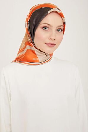 Armine Turuncu Yazı Desen Tivil İpek Eşarp 9138-86