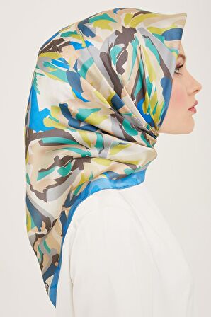 Armine Mavi-Fıstık Yeşil Karma Desen Tivil İpek Eşarp 9140-82