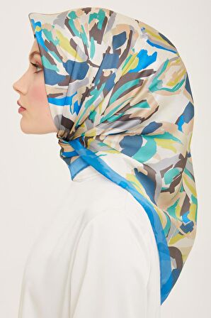 Armine Mavi-Fıstık Yeşil Karma Desen Tivil İpek Eşarp 9140-82