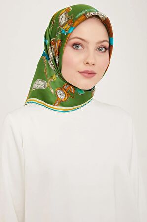 Armine Yeşil Saat Desen Tivil İpek Eşarp 9141-50